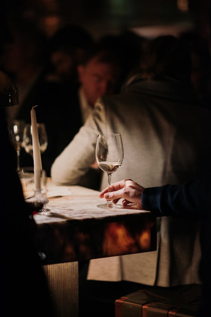 Sophisticated wine tasting in a cozy, dimly lit bar setting featuring elegant glassware and a relaxed ambiance.